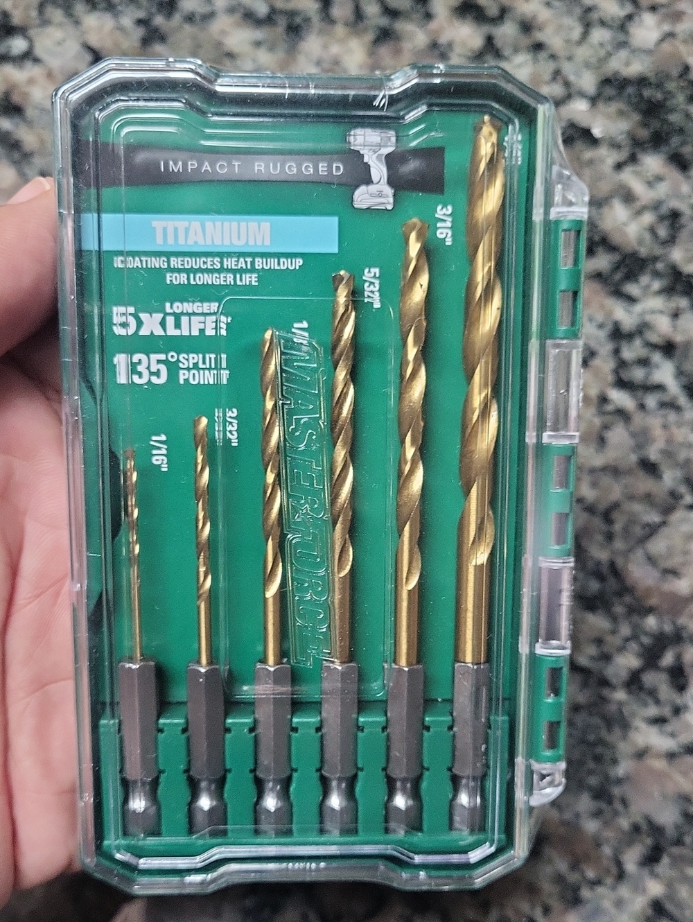 6 piece Titanium-Coated Drill Bit Set masterforce 1/16', 1/8", 3/16: and 1/4"